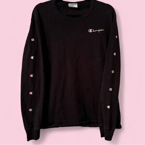 Champion Black Long Sleeve Logo Shirt | Embroidered Spellout Vintage L
